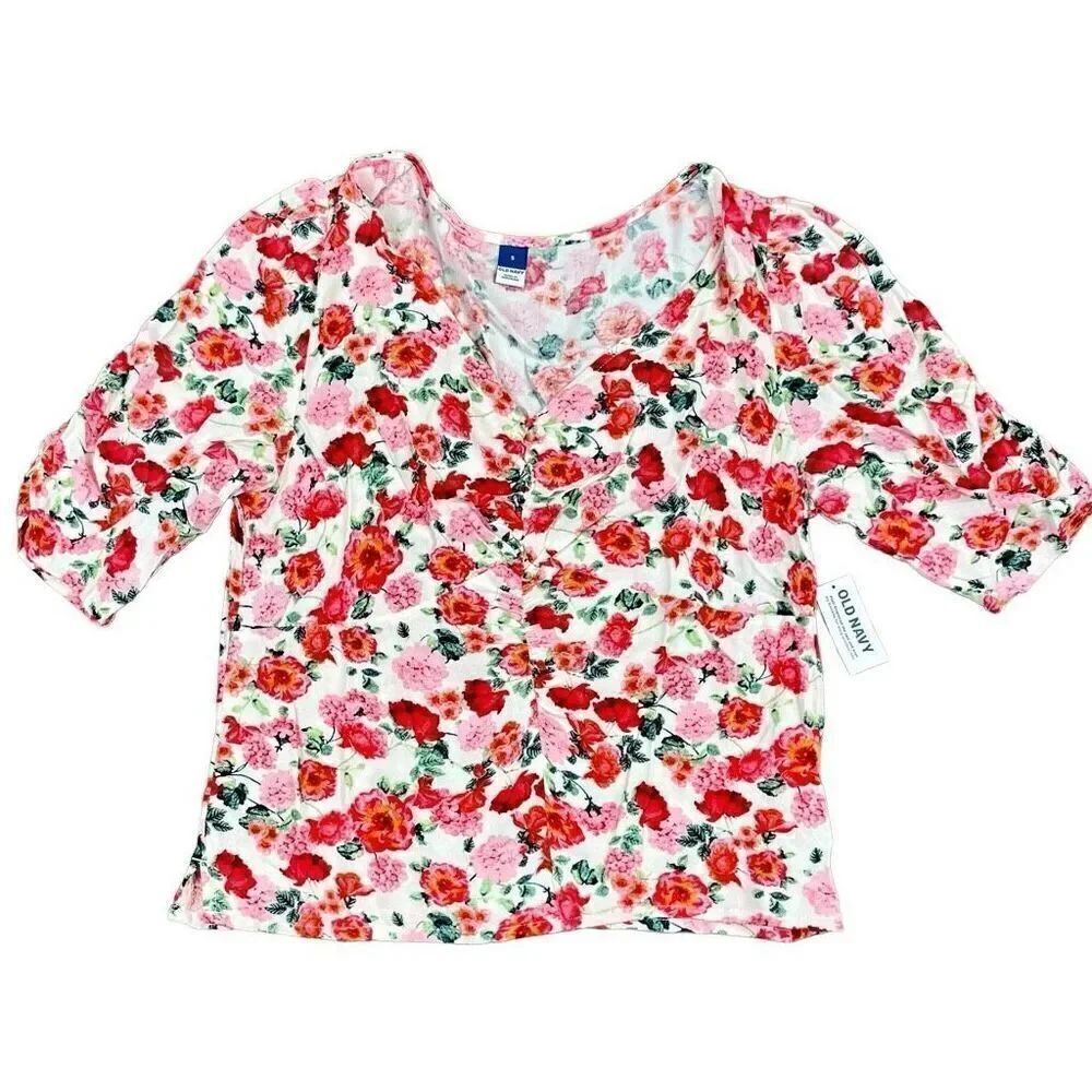 NWT Old Navy Floral V-neck Ruched 3/4 Sleeve Small